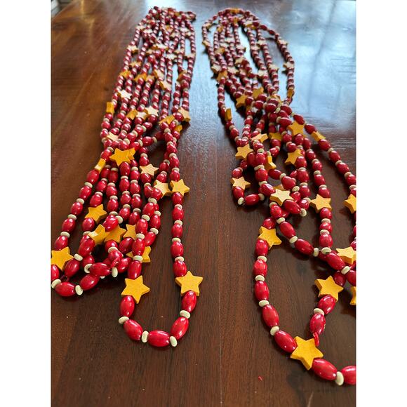 2 Vintage Wood Beads stars Christmas Garlands 20 ft ea. Red Yellow wooden decor - Picture 4 of 13